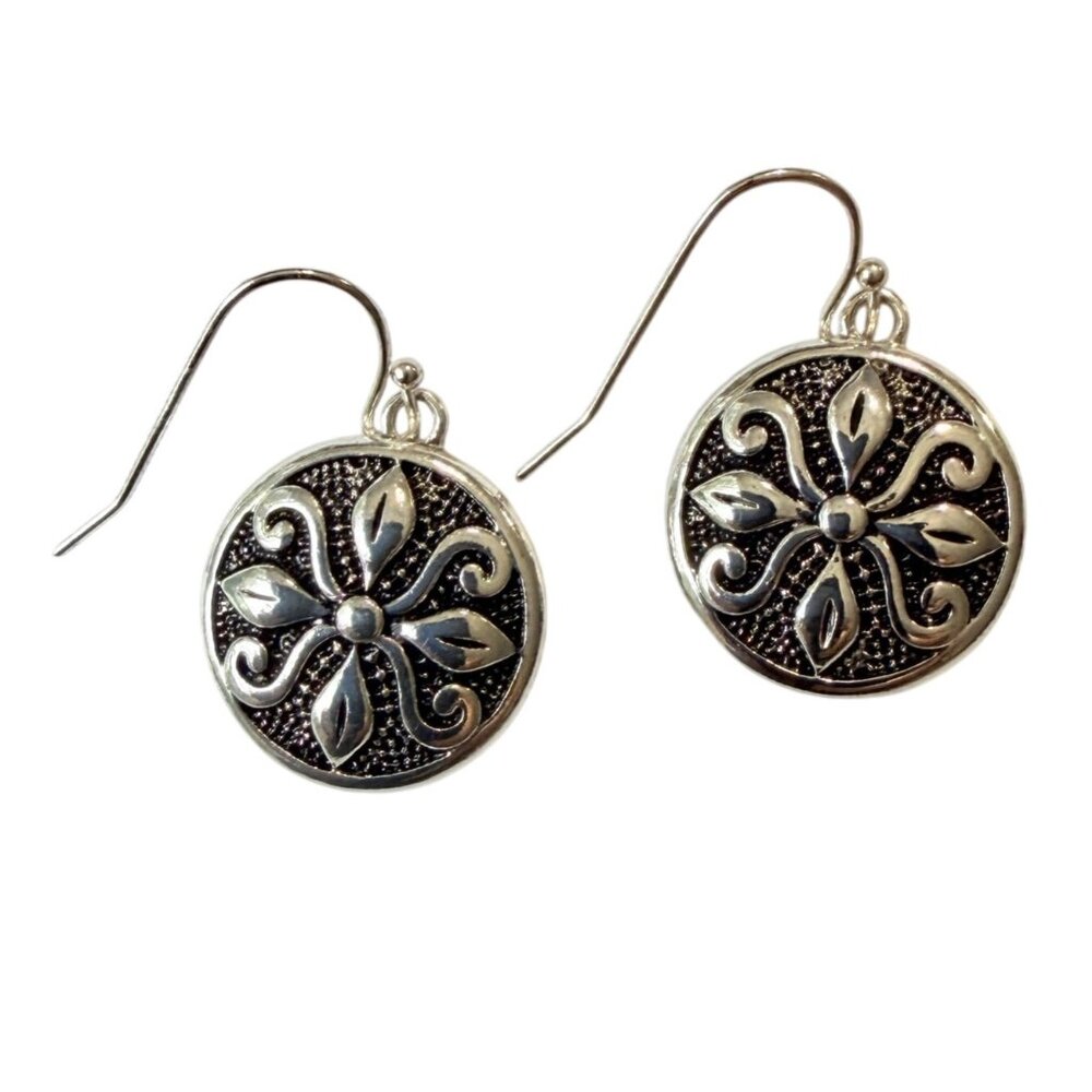 Y2K Vintage Bali Silver Tone Round Filigree Dangle‎ Earrings 1-1/8" Nickel Free